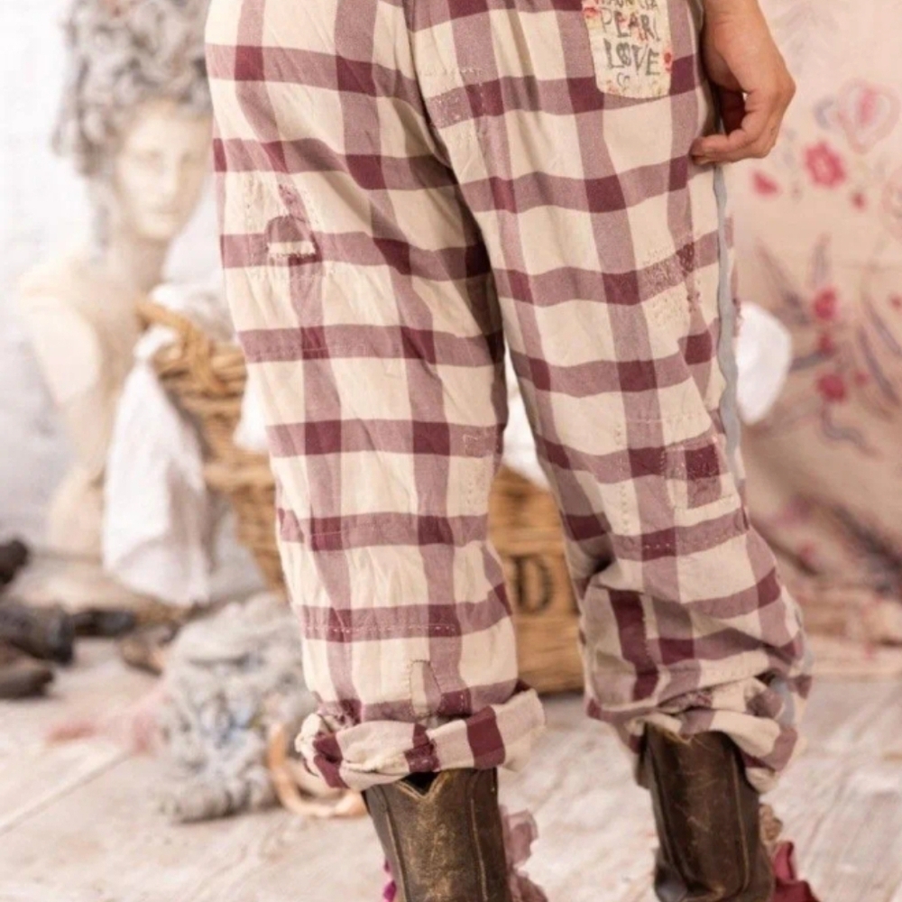 Magnolia Pearl RIC RAC Checkered Patchwork Trousers in Cream and Red NWT O/S - Picture 5 of 5